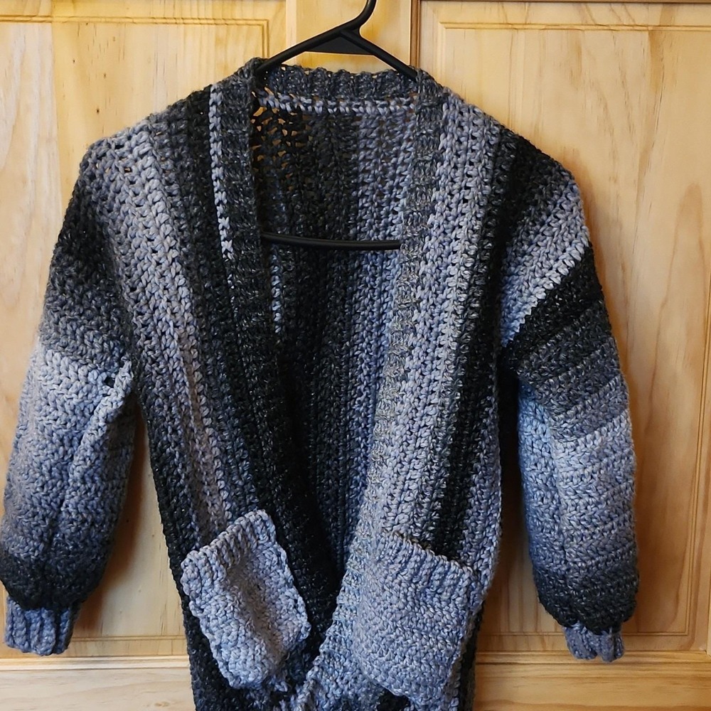 Handmade Crochet Cardigan Sweater Gray Ombre Open Front Chunky Knit Pockets